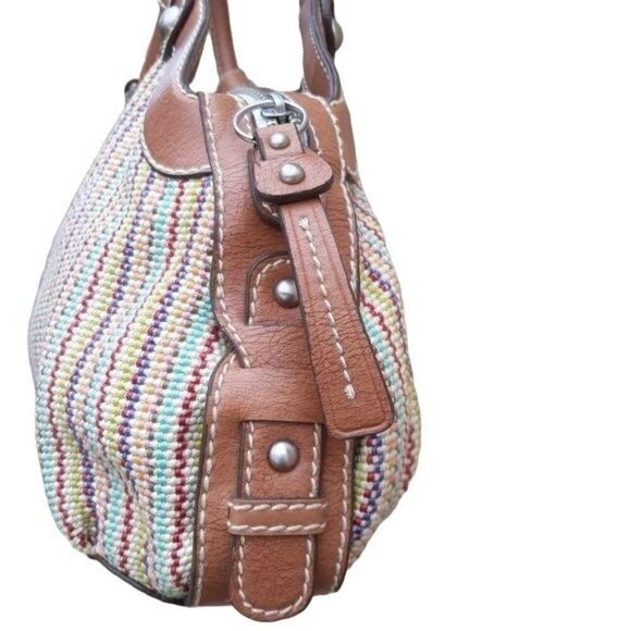 Fossil Bucket Bag Tote Boho Retro Rainbow Striped Tapestry Round Top Handle Sz L - Picture 5 of 14
